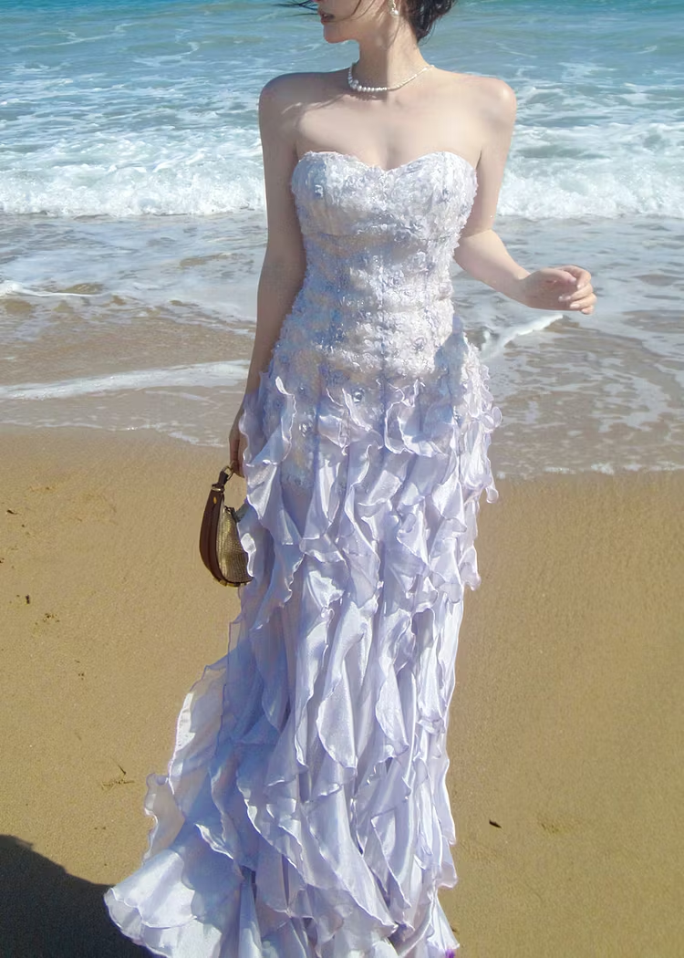 French Purple Ruffled Chiffon Strapless Prom Dress Summer SH6251