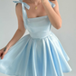 Baby Blue A Line Bow Straps Satin Short Prom Dress Homecoming Dress SH6009
