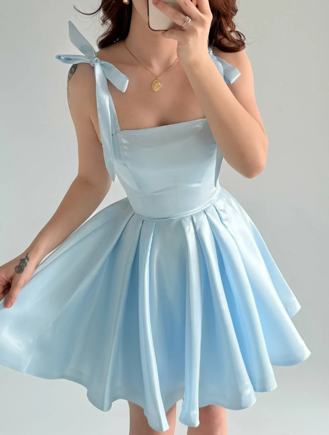 Baby Blue A Line Bow Straps Satin Short Prom Dress Homecoming Dress SH6009