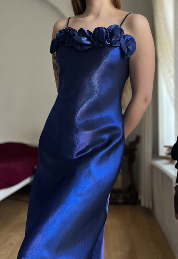 Dazzling Navy Blue A Line Straps Floral Satin Prom Dress Evening Dress Date Dress SH5638