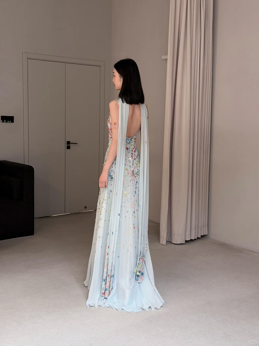 Ethereal Baby Blue A Line Spaghetti Strap Beaded Chiffon Long Prom Dress Evening Dress SH7707