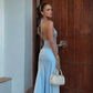 Open Back Elegant Blue Sheath Halter Lace Satin Long Prom Dress Outfits SH4977