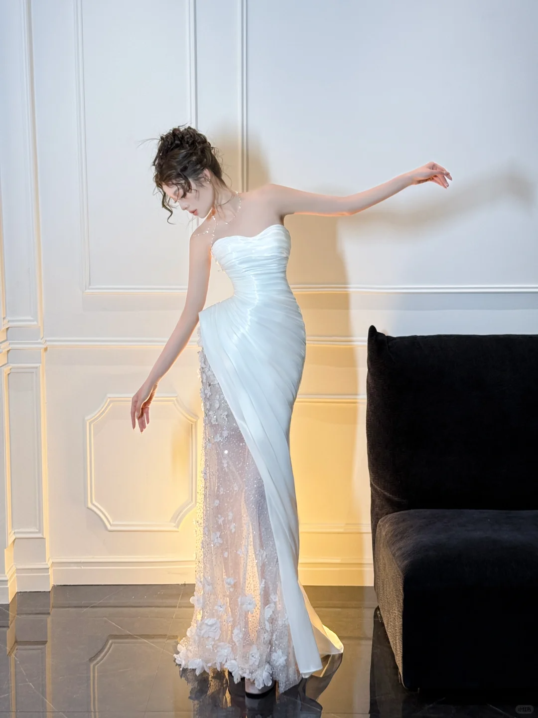 White Mermaid Strapless Floral Pleated Satin Tulle Long Prom Dress Party Dress SH4687