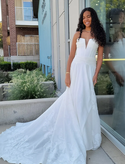 Charming A Line Strapless Corset White Print Satin Wedding Dress SH7119