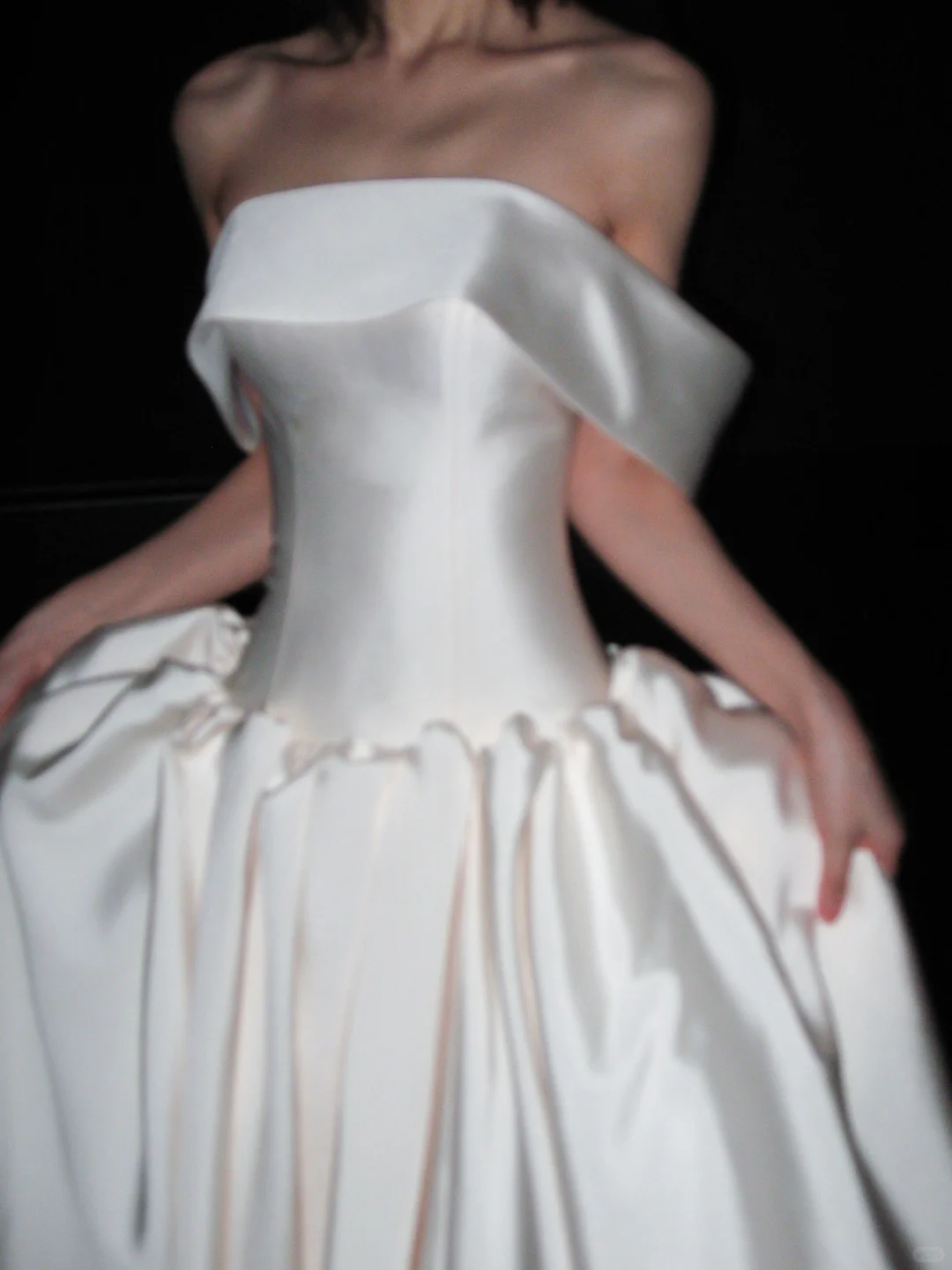 Elegant White Ball Gown Off the Shoulder Satin Long Train Wedding Dress SH8896