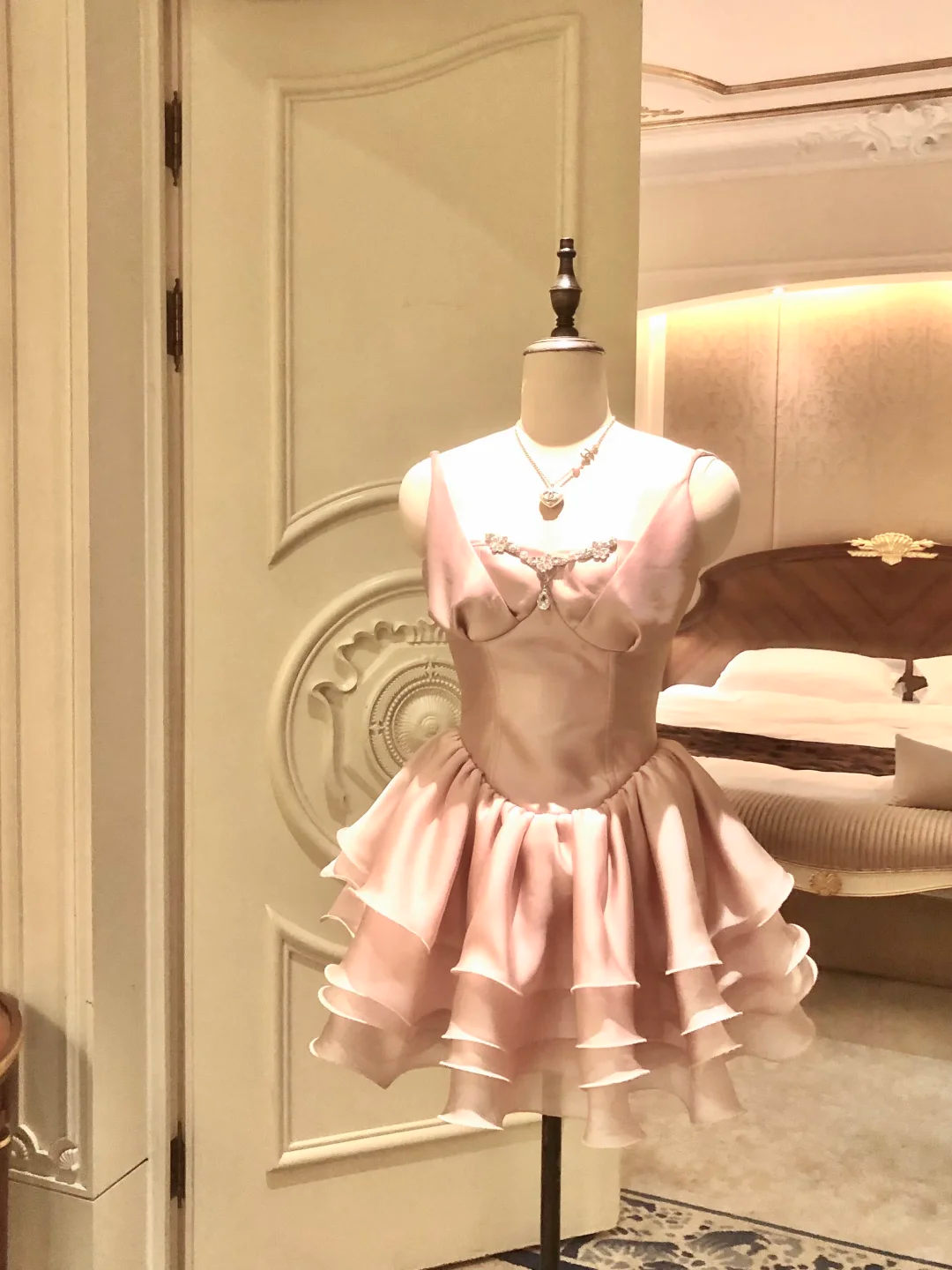 Princess A Line Straps Pink Satin Layered Chiffon Short Prom Dress Homecoming Dress SH7182