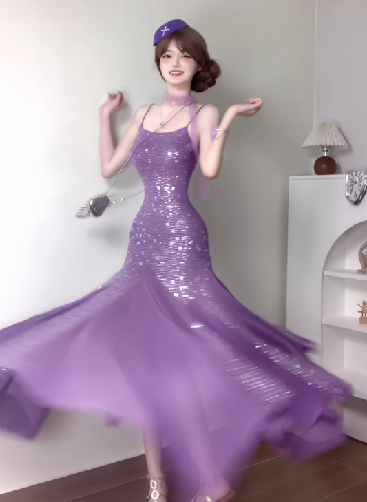 Purple Mermaid Spaghetti Strap Rhinestone Chiffon Prom Dress Vacation Dress Date Dress SH3986