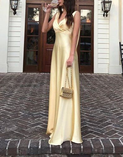 Elegant Yellow V Neck Prom Dress Long Evening Dress SH994