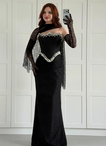 Sexy Black Sheath Strapless Beaded Lace Satin Prom Dress Evening Dress SH6016
