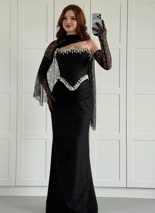 Sexy Black Sheath Strapless Beaded Lace Satin Prom Dress Evening Dress SH6016