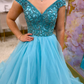 Romantic Blue A Line Off the Shoulder Beaded Tulle Long Prom Dress Evening Dress SH6814