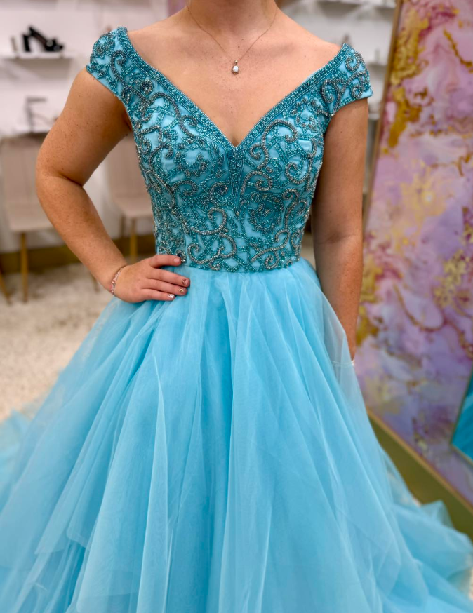 Romantic Blue A Line Off the Shoulder Beaded Tulle Long Prom Dress Evening Dress SH6814