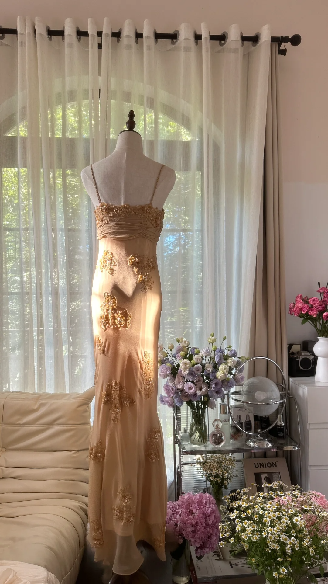 Dreamy Sheath Spaghetti Strap Appliques Chiffon Long Prom Dress Evening Dress SH2968