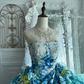 Vintage Dreamy Blue Strapless Print Floral Organza Prom Dress Sweet 16 Dress SH5782