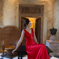 Classic Red A Line V Neck Satin Long Prom Dress Party Dress SH4030
