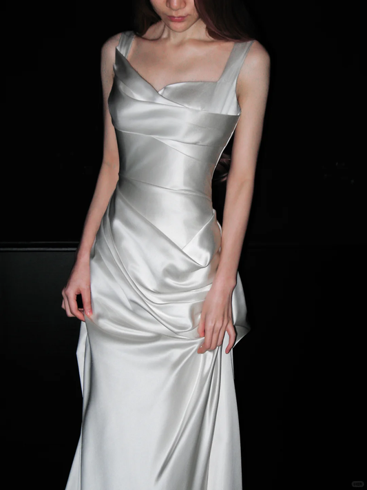 Classy White A Line Straps Satin Simple Pleated Long Wedding Dress SH4713