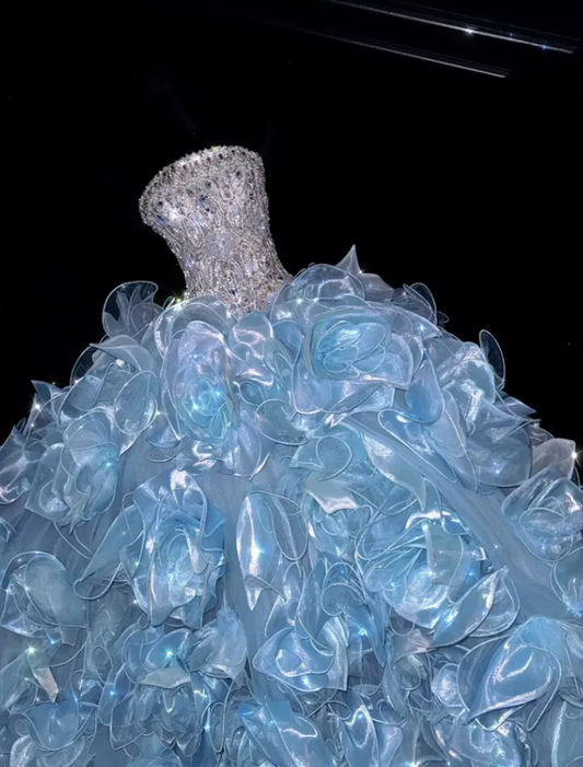 Exquisite Rhinestone Ball Gown Strapless Ruffle Blue Organza Prom Dress Quinceanera Dress SH7163