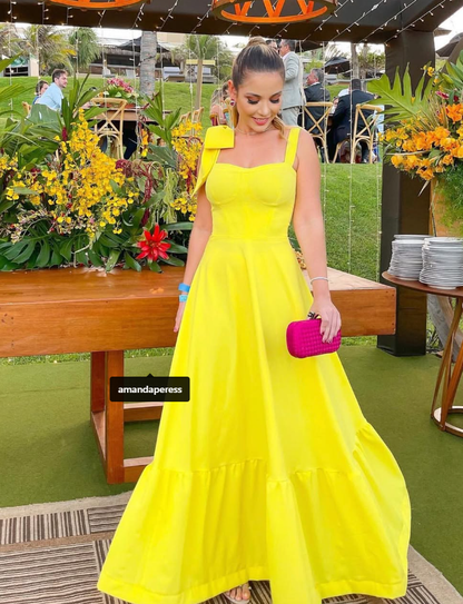 Cute A Line Straps Bow Yellow Satin Long Prom Dress Evening Dress SH2057