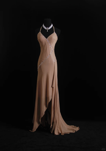 Vintage Mermaid Halter Exquisite Beaded Moka Chiffon Prom Dress Wedding Guest Dress SH5337