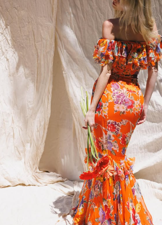 Stunning Orange Print Floral Mermaid Chiffon Prom Dress Vacation Dress SH6260
