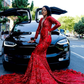 Sexy Mermaid V Neck Long Sleeve Red Sequin Long Sweep Prom Dress Evening Dress SH2160