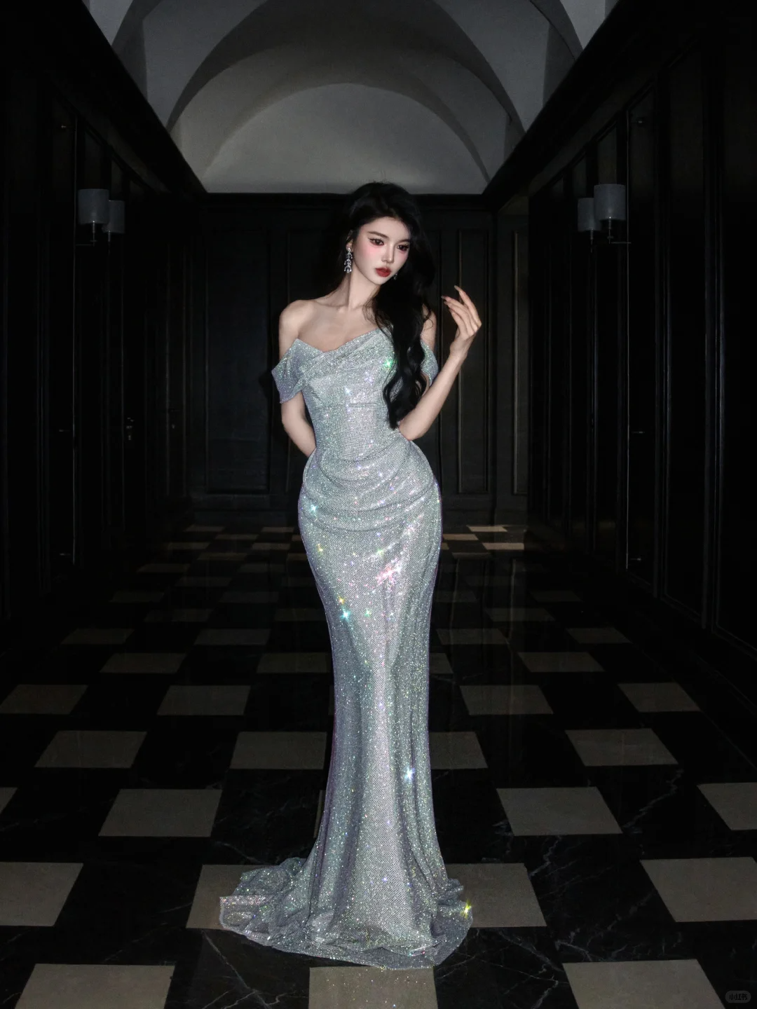 Shiny Mermaid Off the Shoulder Silver Sequin Long Evening Dress Ball Gown SH3489