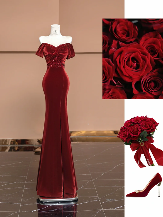 Burgundy Mermaid Off the Shoulder Sequin Velvet Long Prom Dress Party Dress SH4369