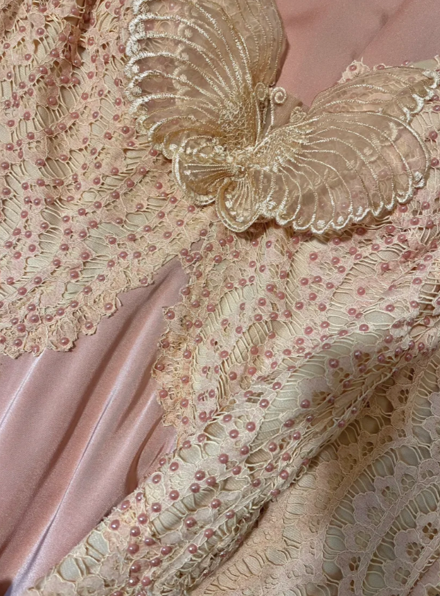 Vintage Mermaid V Neck Lace Pink Satin Prom Dress Wedding Guest Dress SH4655