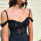 High-class A Line Straps Black Beaded Satin Long Prom Dress Evening Dress SH6775