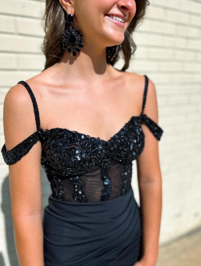 High-class A Line Straps Black Beaded Satin Long Prom Dress Evening Dress SH6775