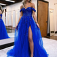 Sparkly Royal Blue Off The Shoulder Slit Long Prom Dresses, Tulle Evening Dress SH839
