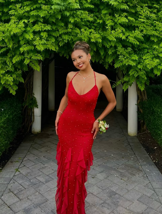 Red Exquisite Beaded Ruffle Flowy Chiffon Formal Party Dress Prom Dress Date Dress SH3532