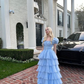 Cute Blue Tulle Tiered Hepburn Princess Prom Dress Evening Dress Ball Gown SH1234