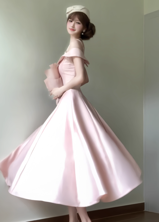 Princess Pink A Line Off the Shoulder Satin Long Party Dress Evening Dress SH3381