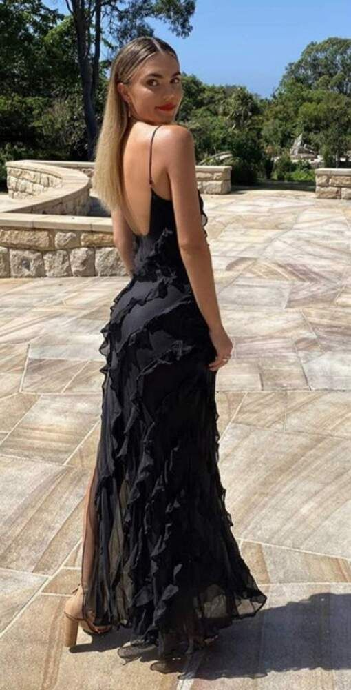 Sexy Backless Straps Black Chiffon Ruffles Slit Prom Dress Party Dress SH1011