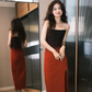 Elegant Sheath Strapless Black Red Ombre Satin Long Party Dress Wedding Guest Dress with Slit SH2907