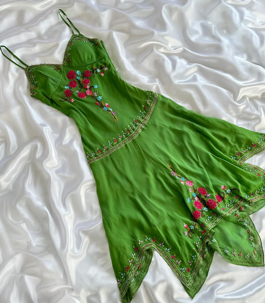 Vintage Dark Green A Line Straps Colorful Embroidered  Floral Chiffon Short Homecoming Dress Outfits SH5460