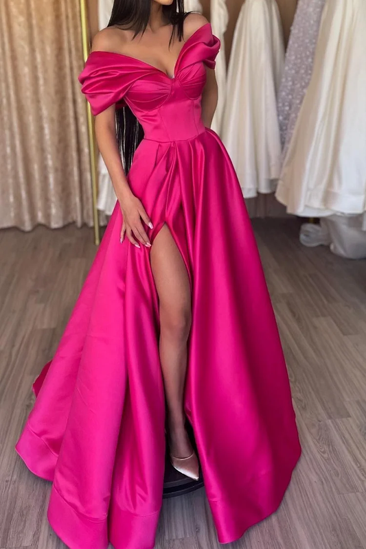 Hot Pink A Line Off the Shoulder Satin Prom Dress with Slit SH5464