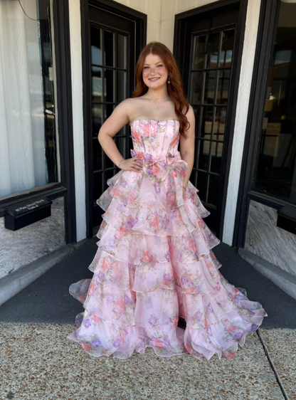 Sweety Pink A Line Strapless Corset Print Floral Layered Chiffon Prom Dress Party Evening Dress SH7248
