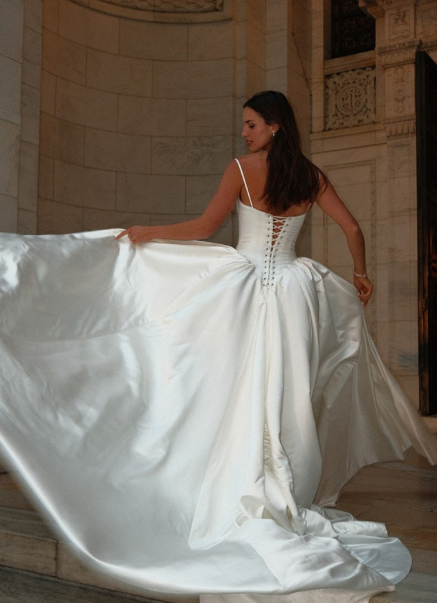 Beautiful A Line Spaghetti Strap White Simple Satin Wedding Dress SH6033