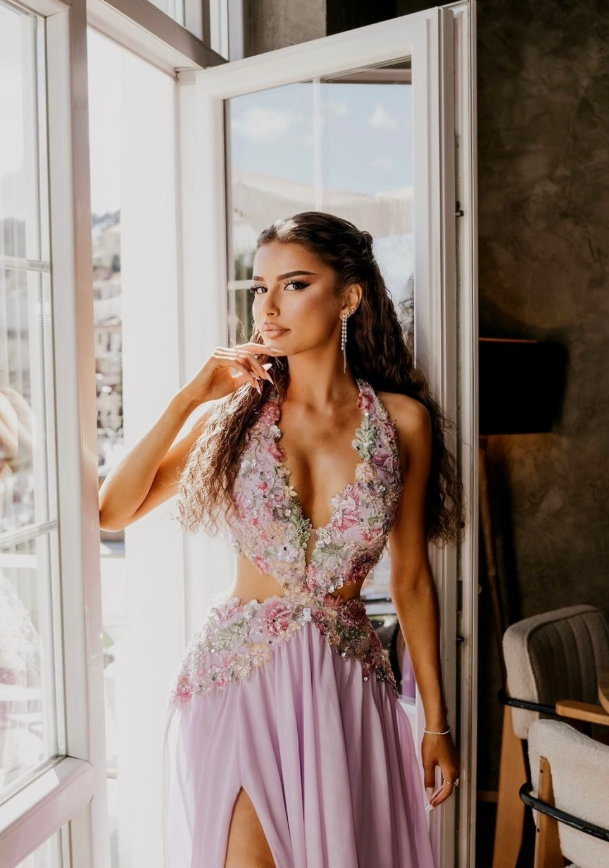 Exquisite Floral A Line V Neck Purple Chiffon Backless Prom Dress Evening Dress SH6334