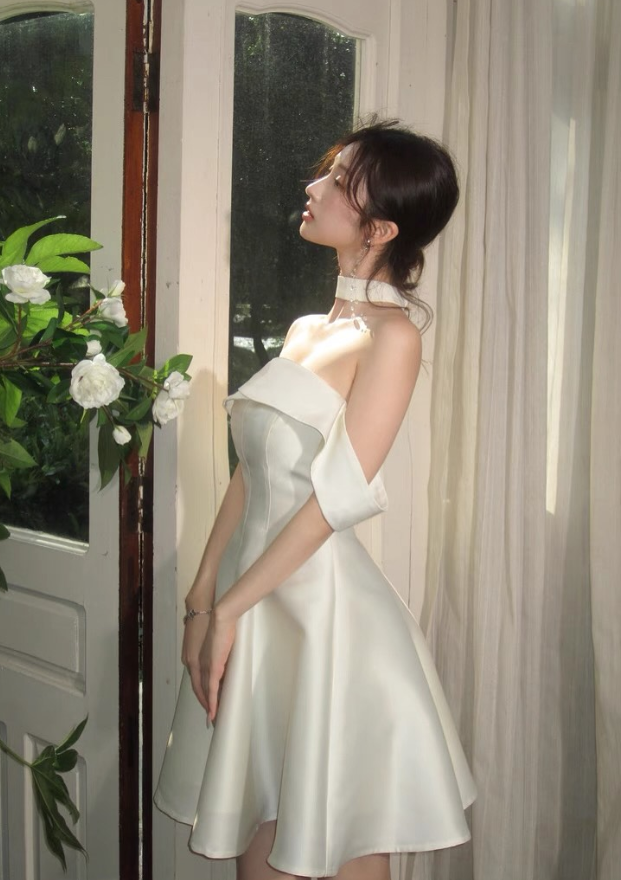 Classic White A Line Off the Shoulder Satin Short Prom Dress Homecoming Dress SH6006