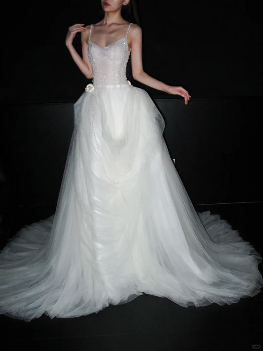 Pretty A Line Spaghetti Straps Pearl White Tulle Long Wedding Dress SH5962