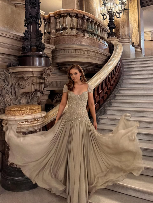 Luxurious A Line Exquisite Beaded Satin Long Graduation Prom Dress Wedding Guest Dress SH5429