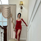 Sexy Sheath Long Sleeve Red Velvet Prom Dress Evening Dress with Slit SH4901