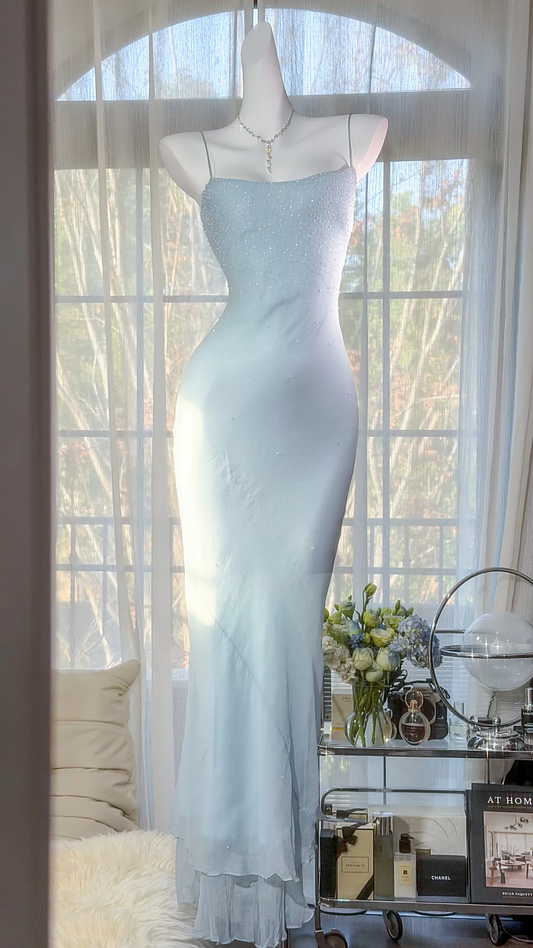 Gentle Cool Baby Blue Sheath Beaded Chiffon Long Graduation Prom Dress SH5343