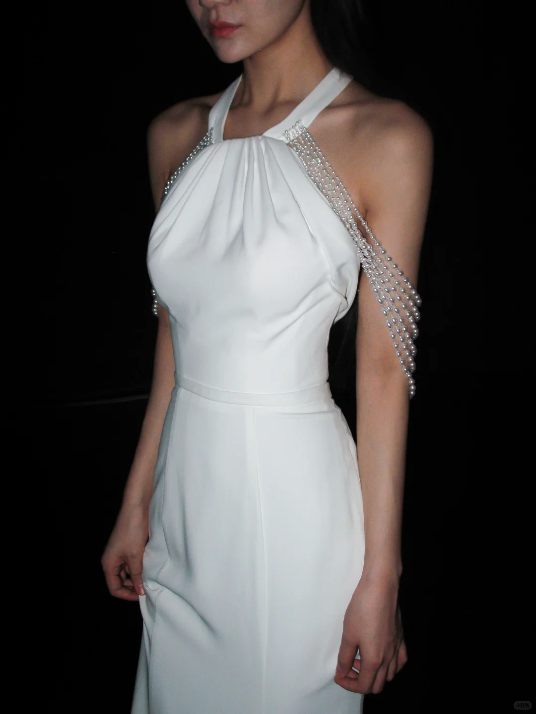 Chic Mermaid Halter White Pearl Satin Backless Wedding Dress SH8915