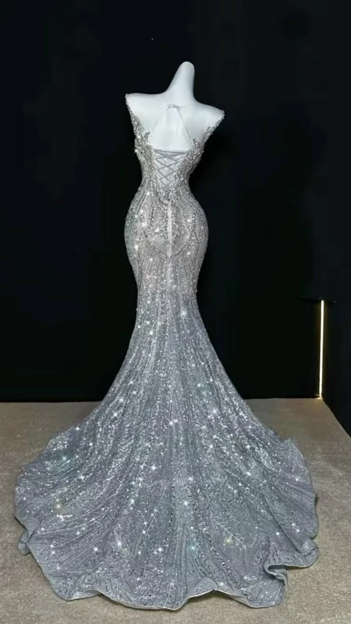 Shiny Dreamy Mermaid V Neck Silver Sequin Long Party Dress Evening Dress Date Dress SH3461