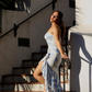 Cute Mermaid Strapless Blue Print Floral Ruffle Chiffon Prom Dress SH4573