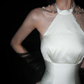 Stunning Black Tulle Bow A Line Halter Pearl White Satin Long Wedding Dress SH5976